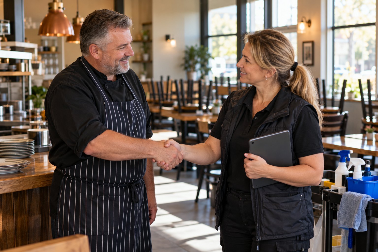 A restaurant owner and the owner of a cleaning company shake hands on a new working relationship.