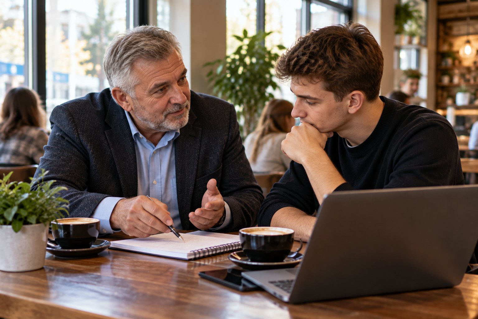 An experienced business owner mentors a young entrepreneur over coffee.