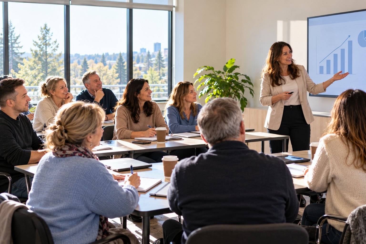 A business workshop where entrepreneurs listen to a presenter and take notes.