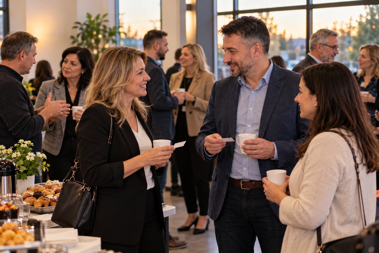 Established local business owners exchange business cards at a networking evening.