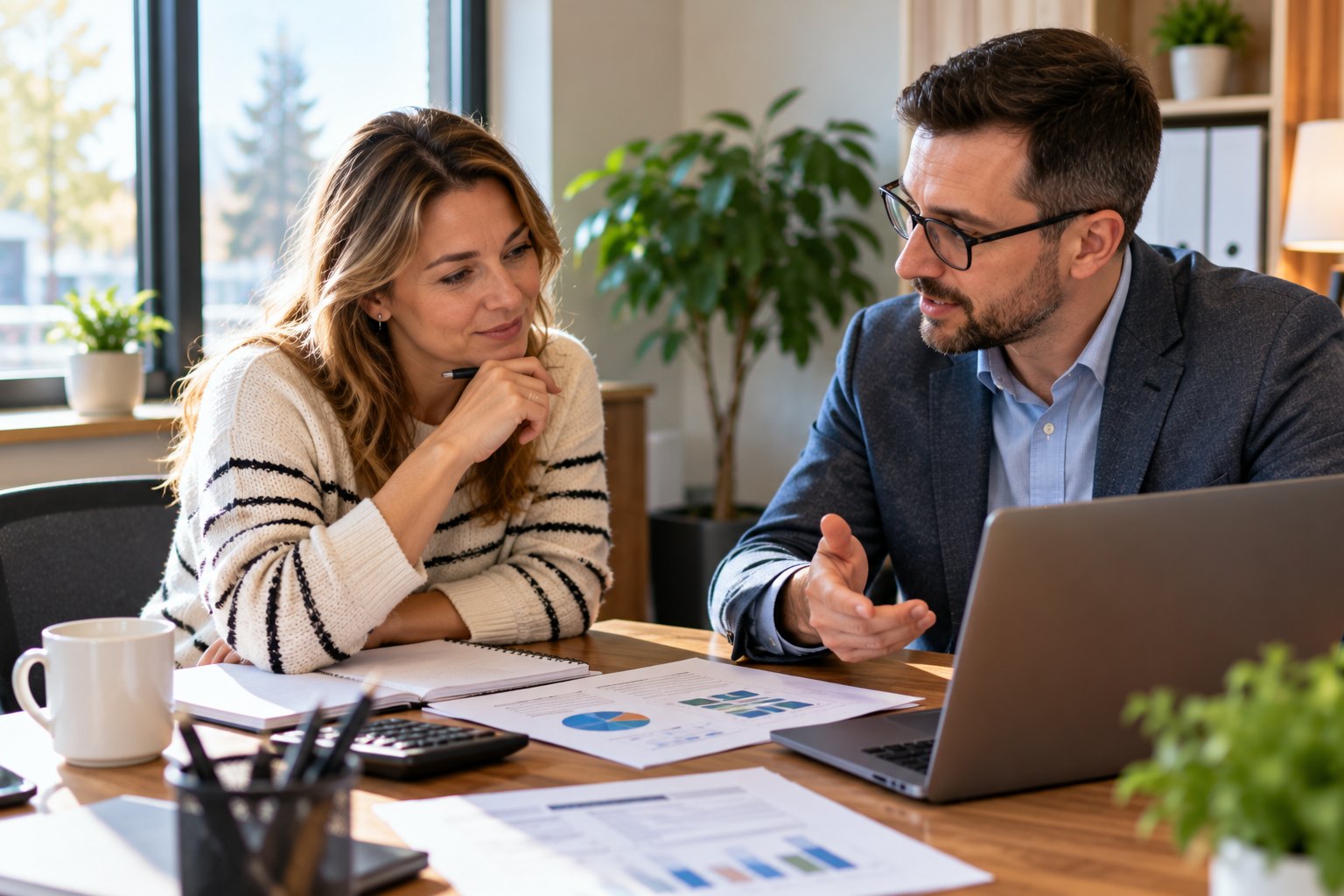 An entrepreneur meets with a financial advisor to review her business numbers.