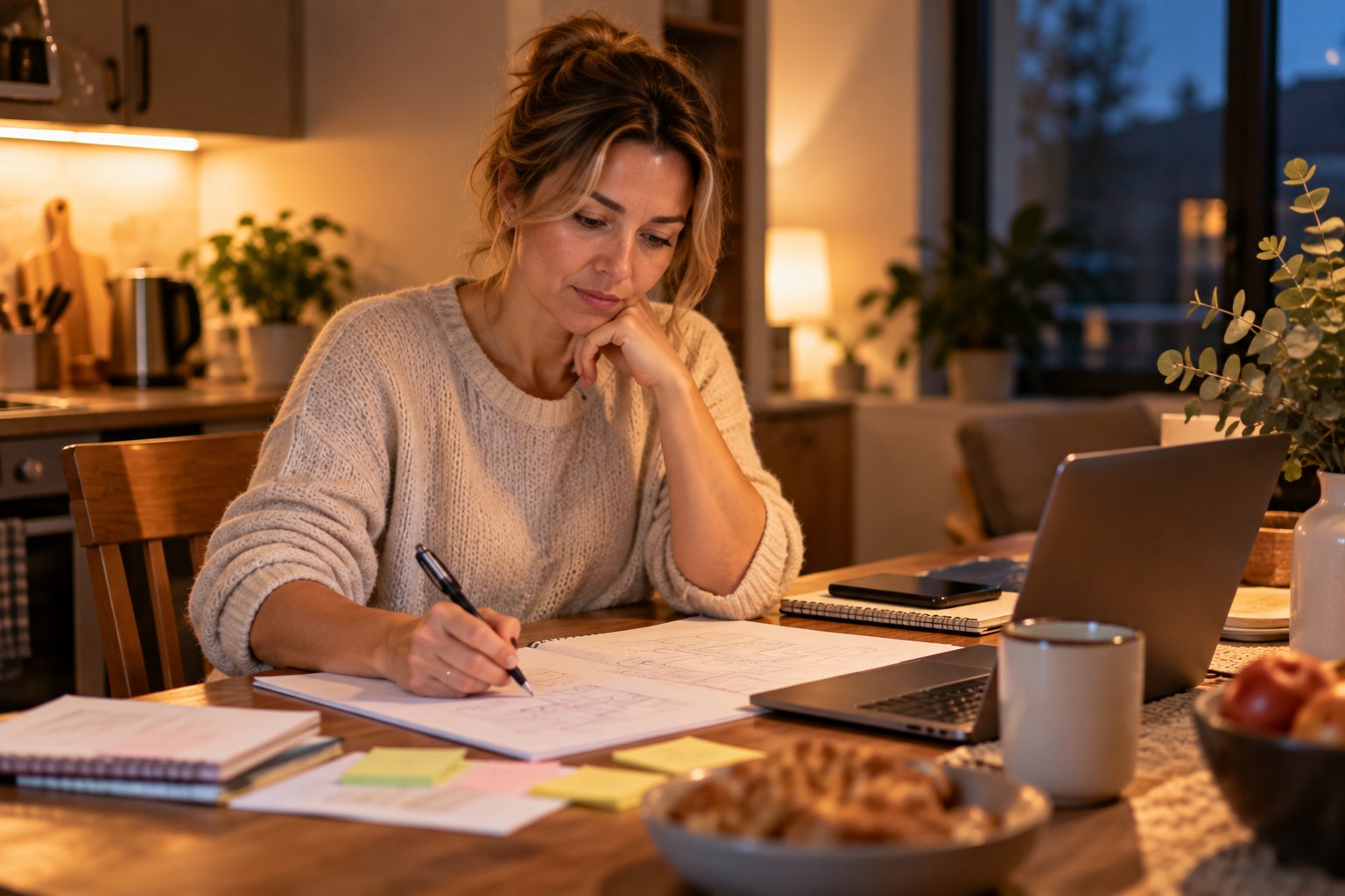 An entrepreneur sketches her business plan on paper at her kitchen table.