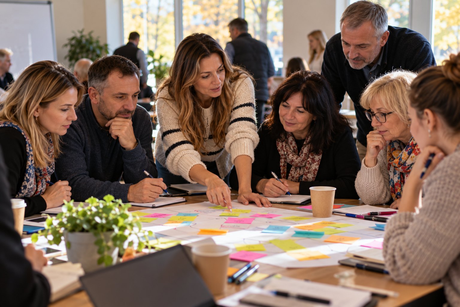 Community members and organization leaders collaborate around a table.