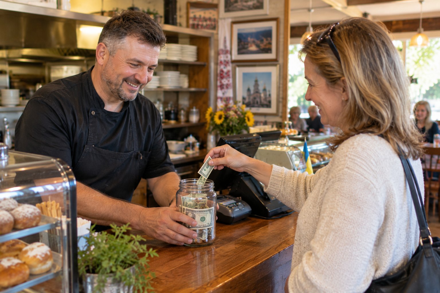 A restaurant owner places a donation jar by the register for a community fundraiser.