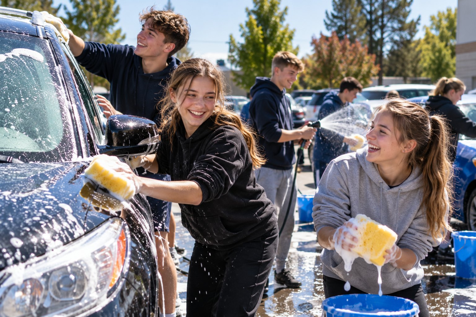 Young people run a charity car wash fundraiser in a parking lot.
