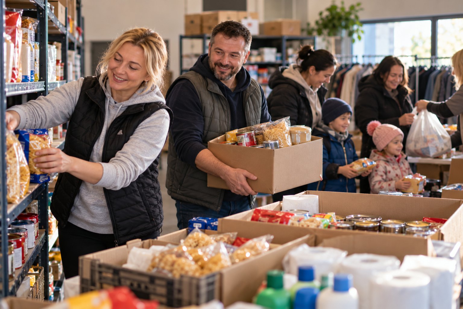 Volunteers stock shelves at the SSA International Resource Center.