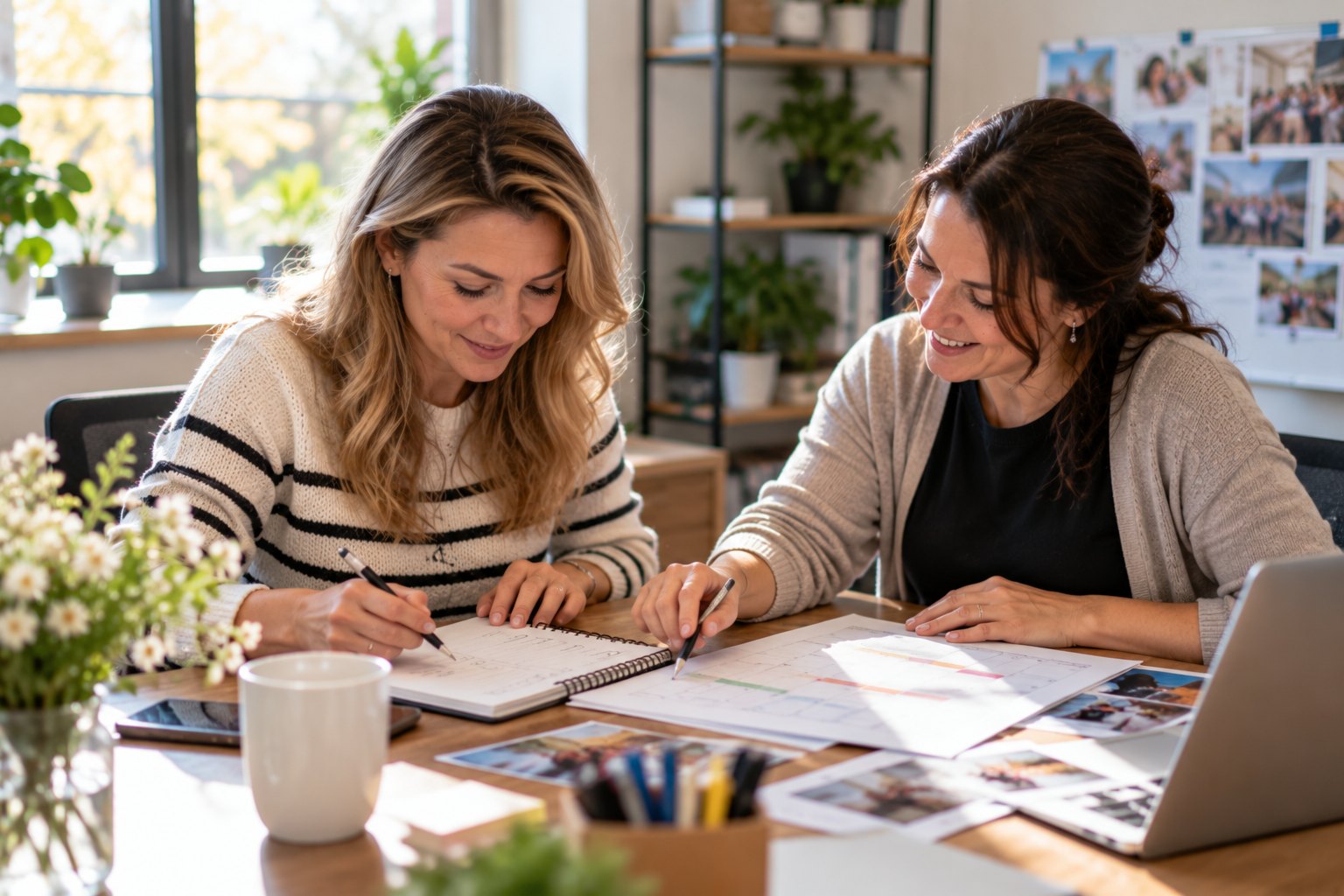 A woman plans a fundraiser with an SSA staff member at a desk.