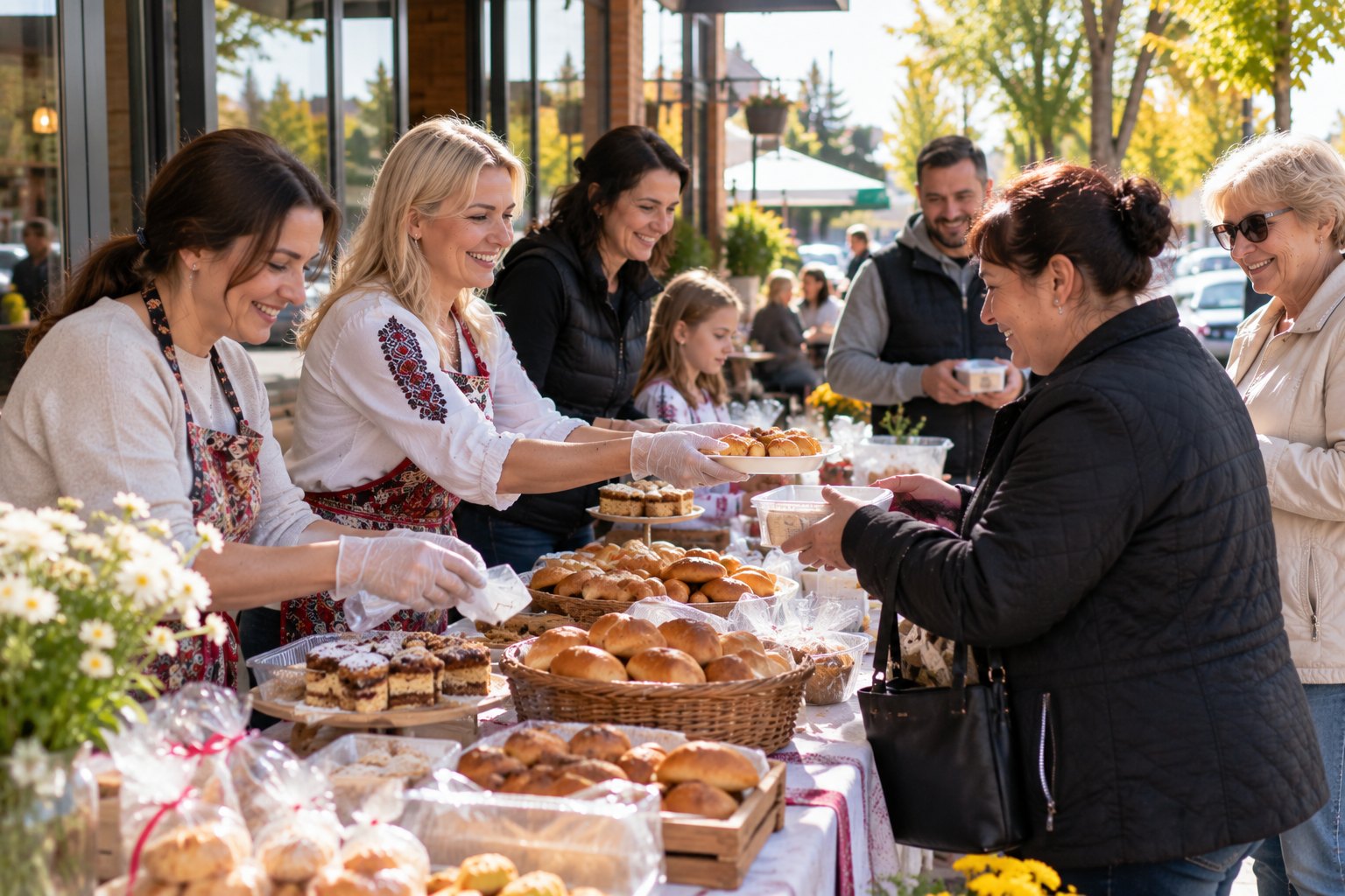 Friends hold a bake sale fundraiser at a table outside a Spokane café.
