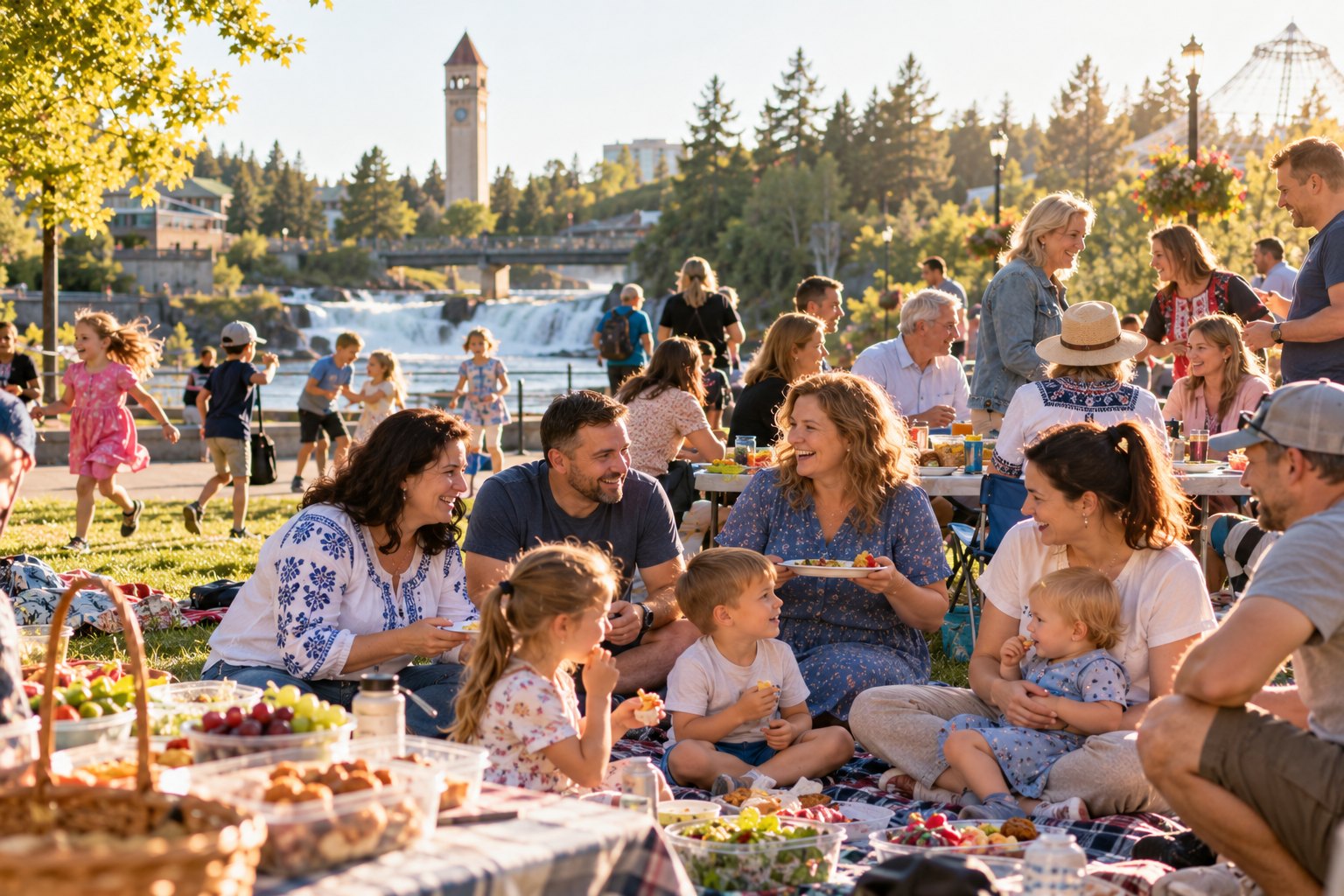 Newcomer families and longtime residents share a picnic together in a Spokane park.