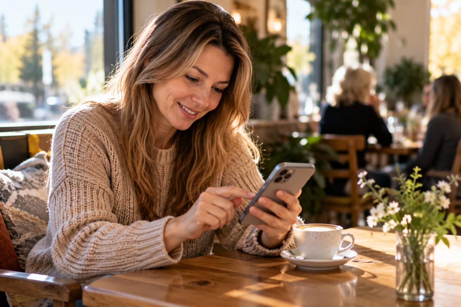 A woman checks the SSA community calendar on her phone at a café.