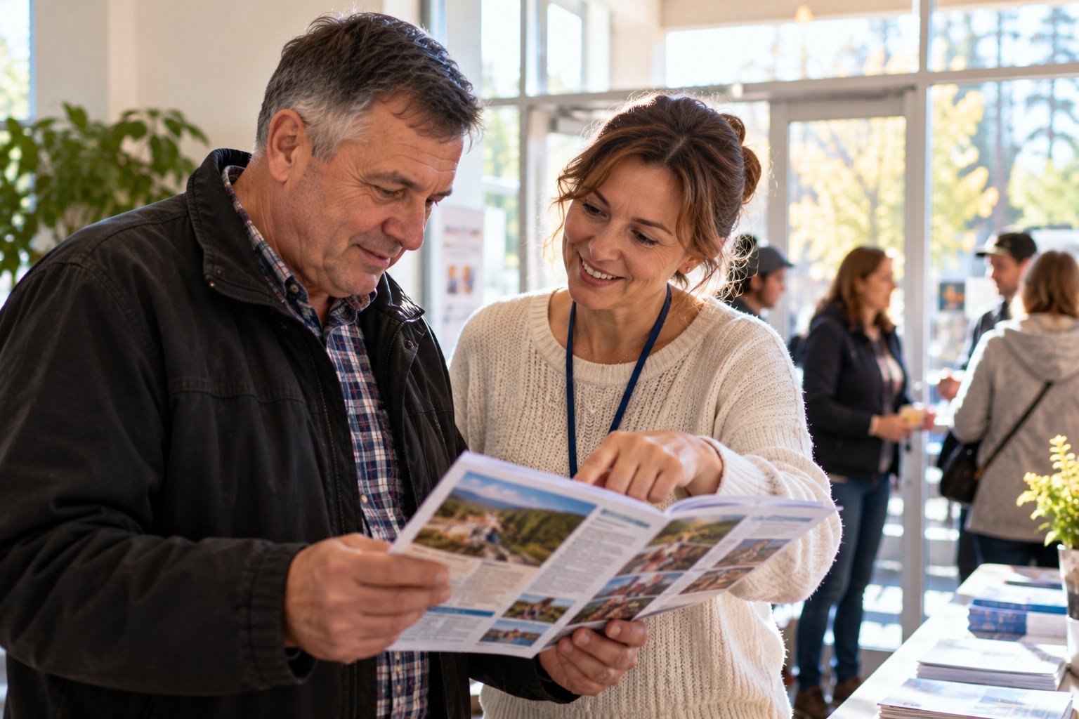 A community member reads a resource guide while an SSA volunteer points out key information.