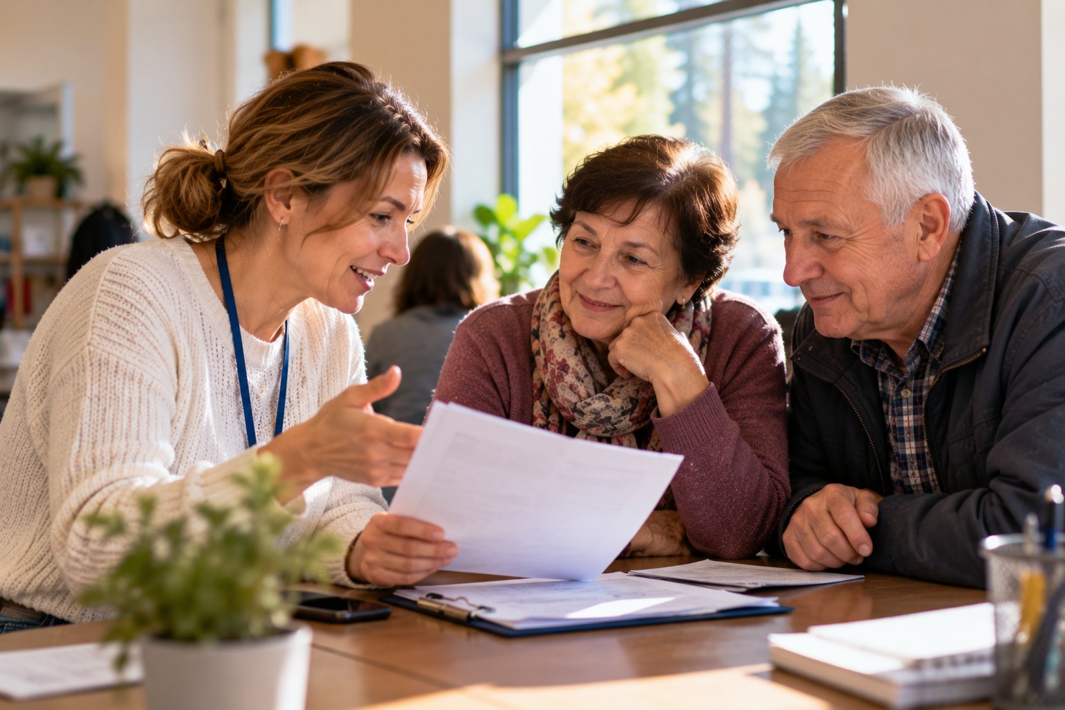 An SSA staff member explains printed information to an older couple in their own language.