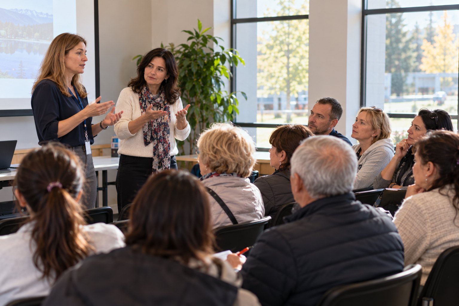 An agency representative presents to community members while an SSA staff member translates.