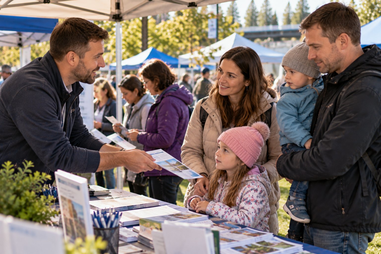 An outreach volunteer hands a printed guide to a young family at a community information tent.