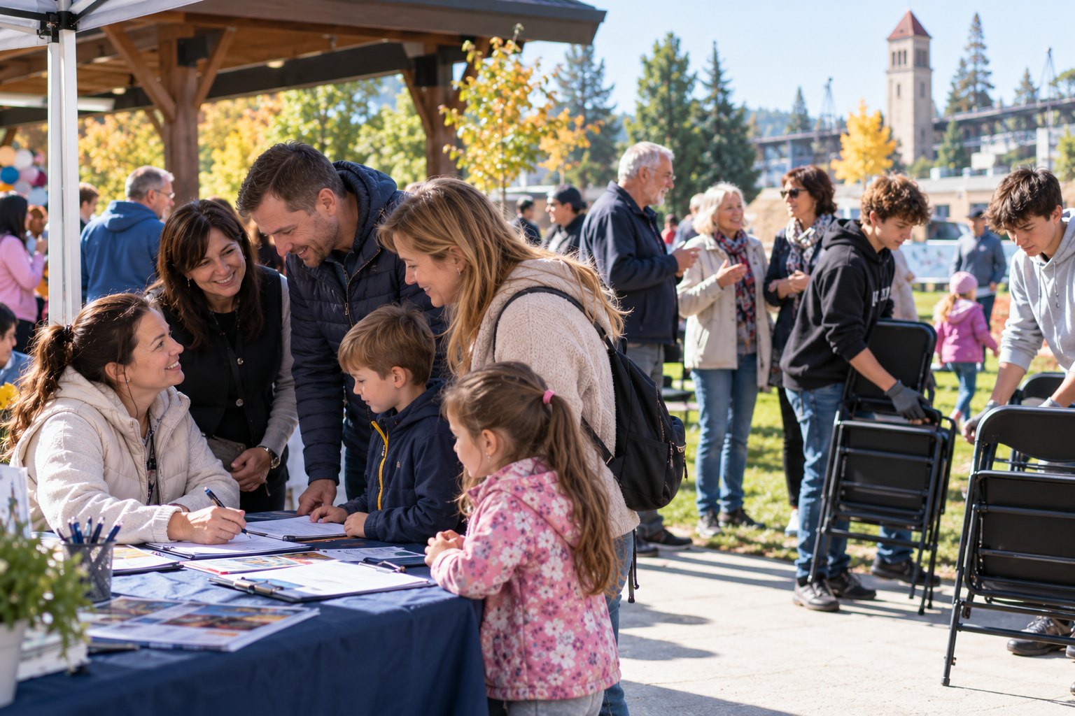 Families sign up at a volunteer table while teens set up chairs at an outdoor community event.