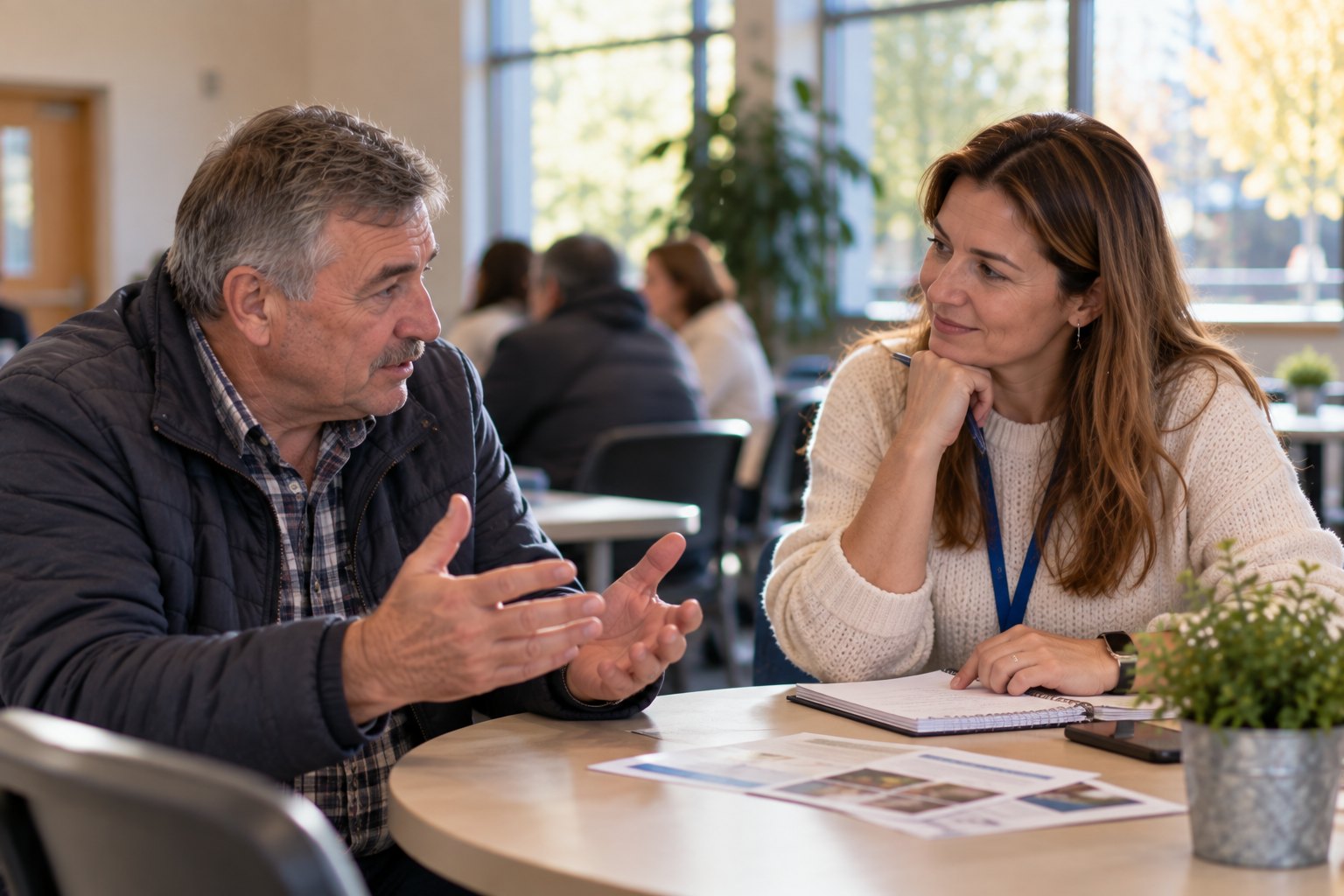 A community member shares feedback while an SSA staff member listens and takes notes.