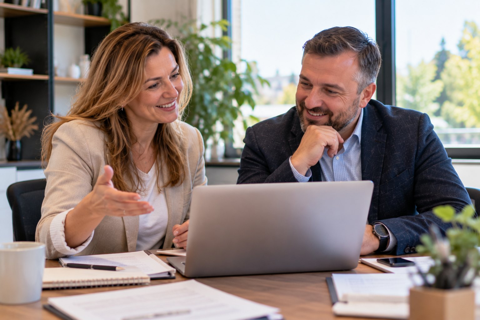 An SSA staff member and a business owner plan a sponsorship together at a laptop.
