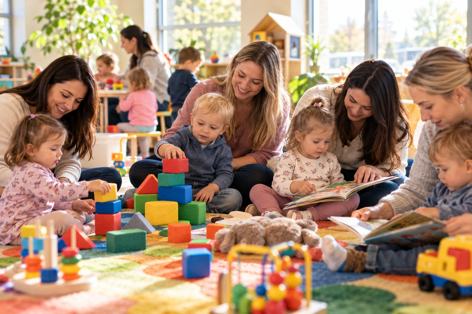Toddlers and their parents play and learn together with blocks and picture books.