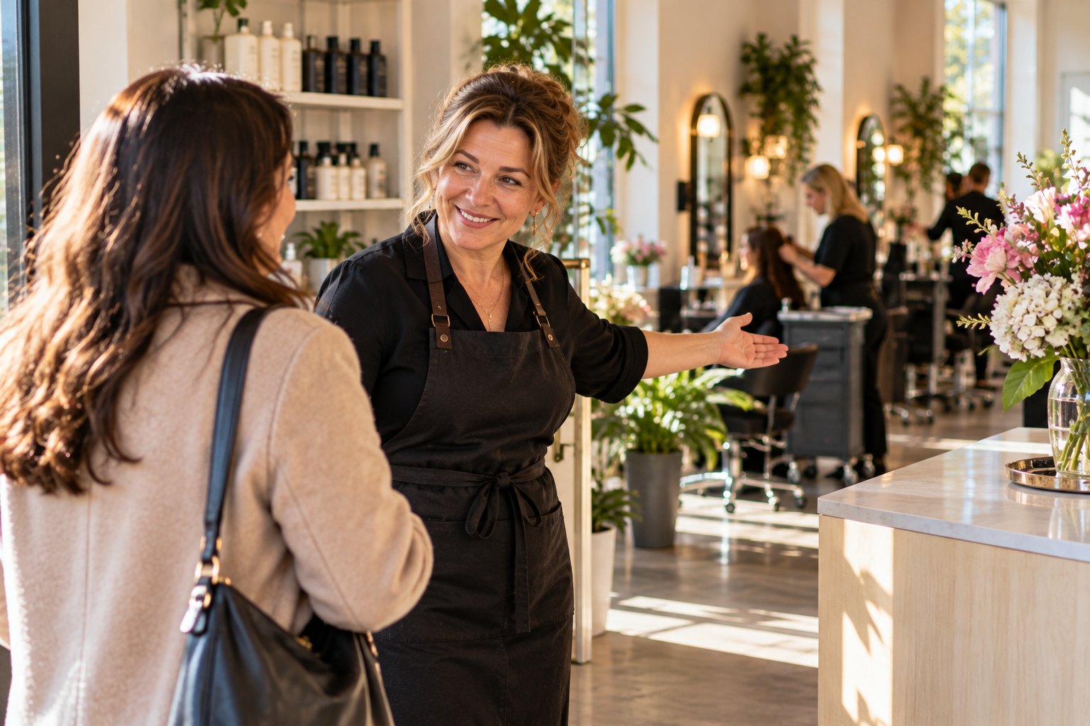 A small-business owner welcomes a new customer into her shop.