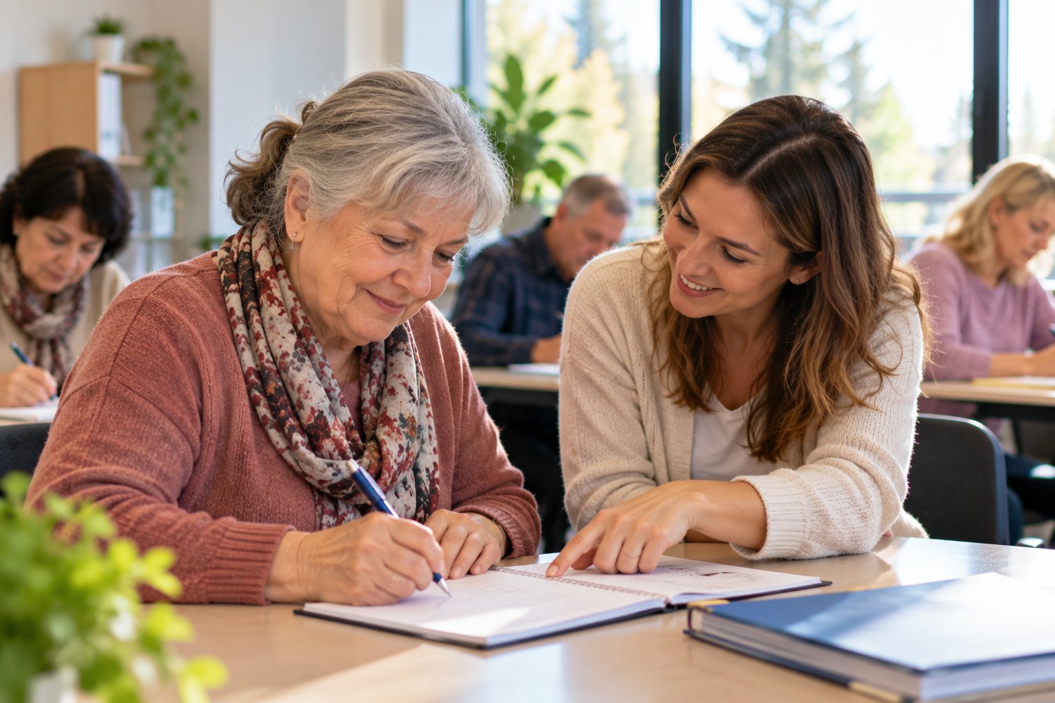 A volunteer teacher encourages an older woman as she writes English words in a notebook.