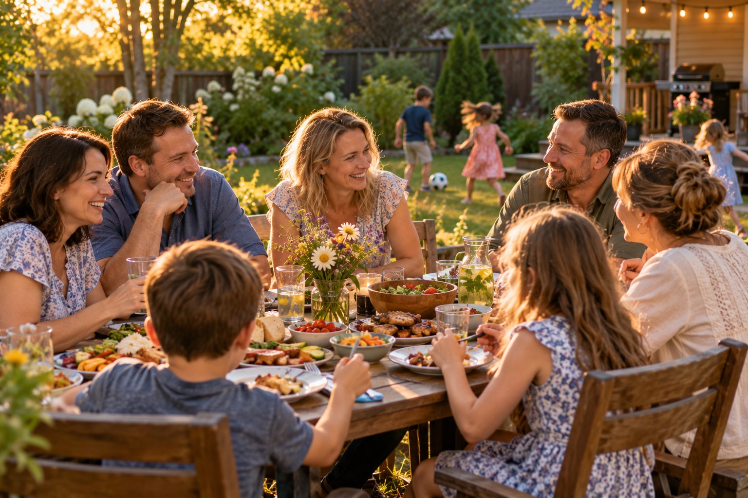 Two families share a meal and conversation at a backyard picnic table.