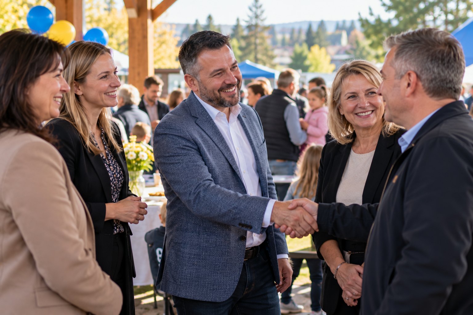 Local business leaders and SSA staff celebrate a new sponsorship at a community event.