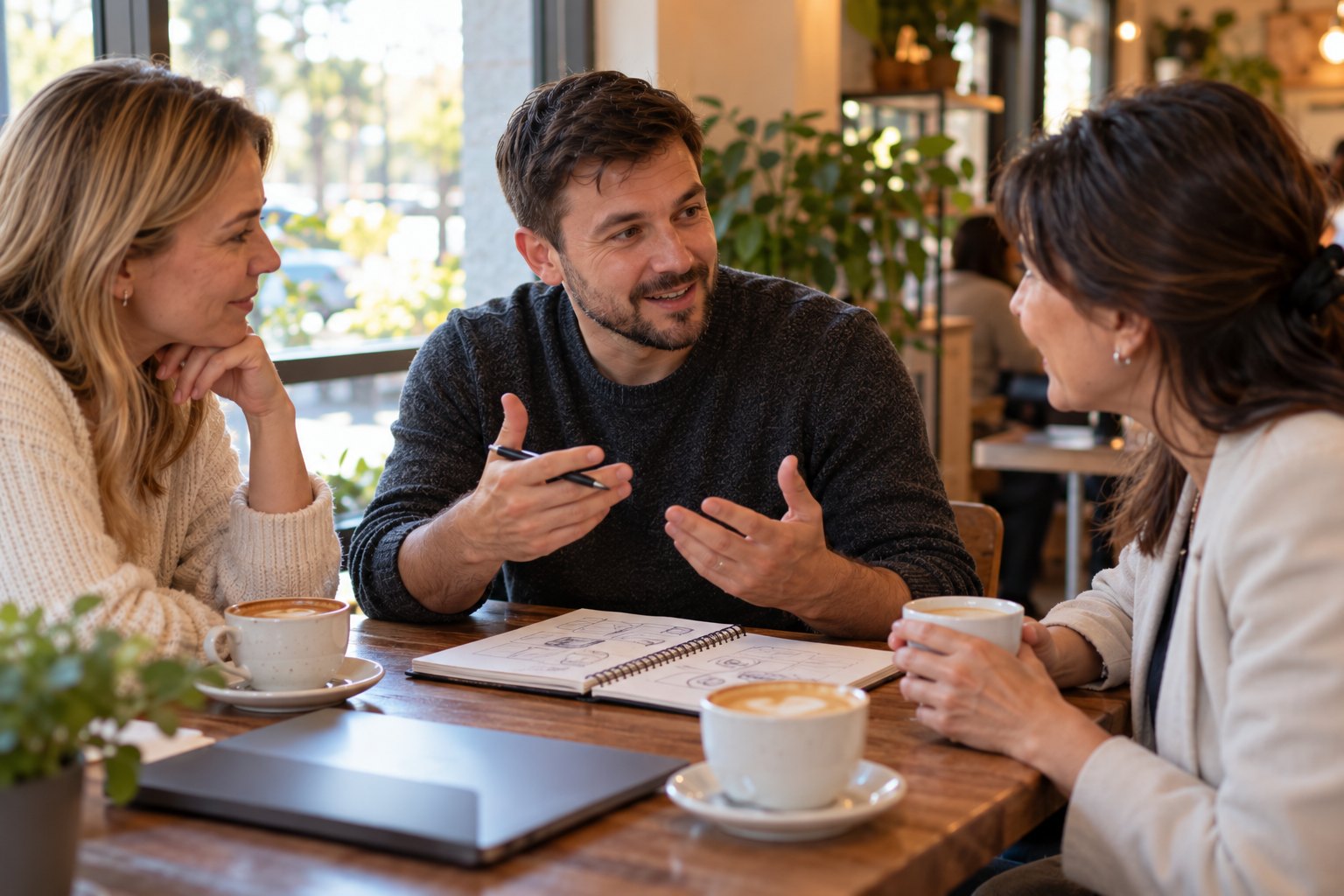 A community member shares an idea with SSA staff over coffee.