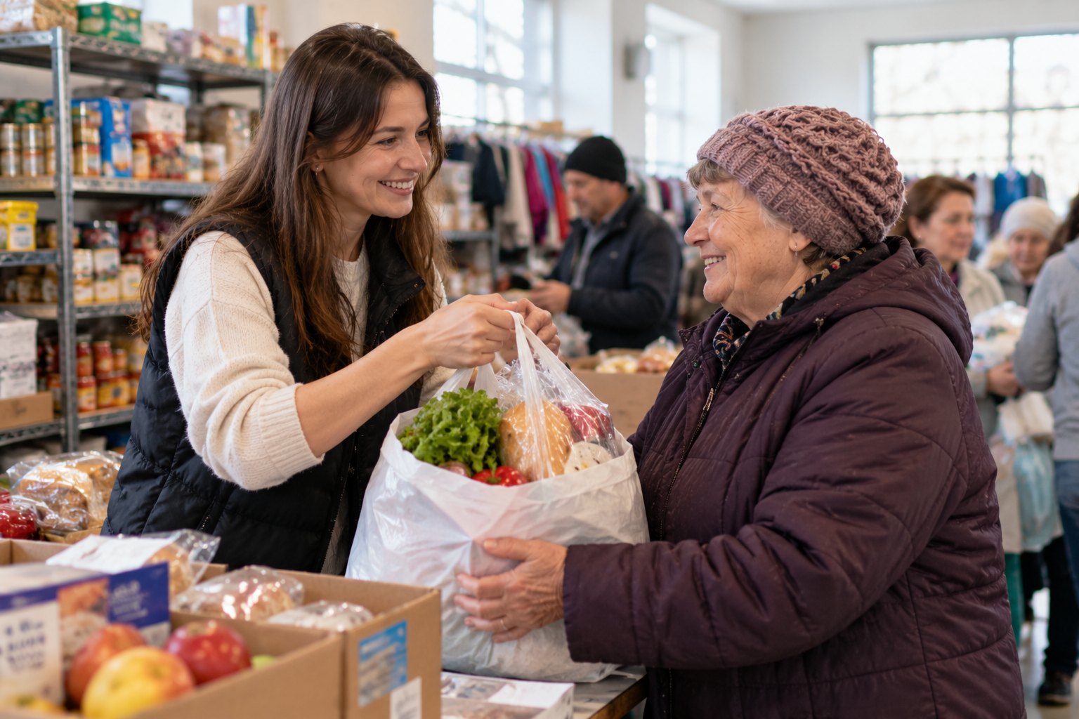 A volunteer hands a grocery bag to a smiling older woman at a community resource center.