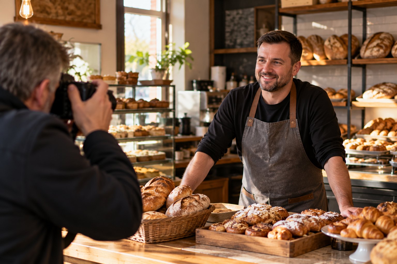 A photographer takes a feature portrait of a bakery owner behind his counter.