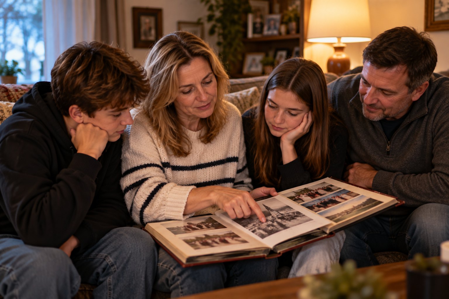 A family looks through an old photo album together, the mother pointing to a picture from their home country.