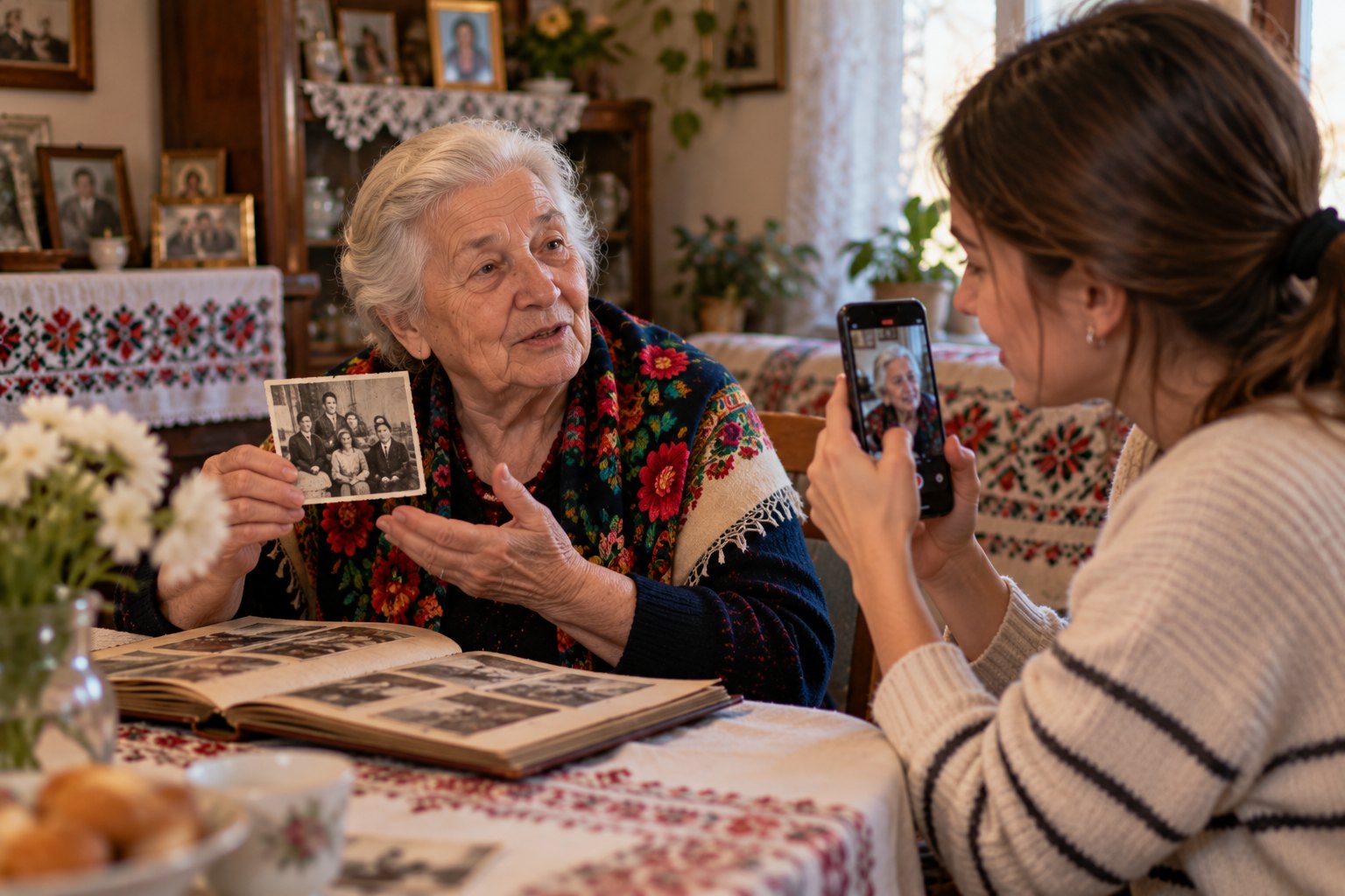 A grandmother tells the story behind an old family photograph while her granddaughter records it.