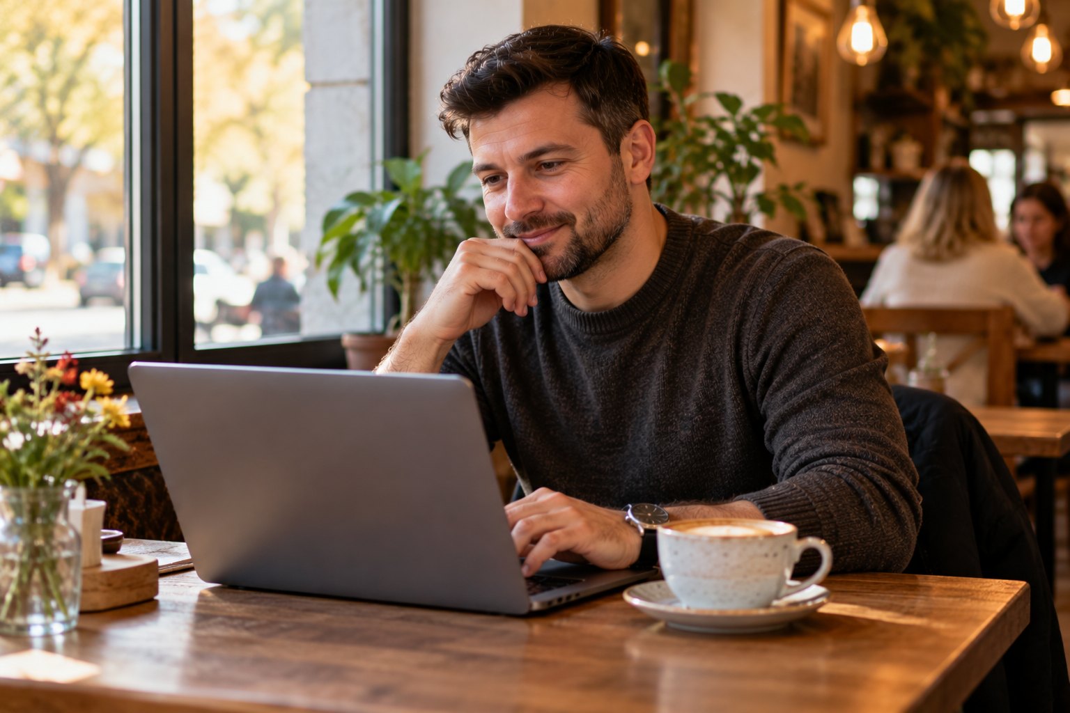 A man writes his story on a laptop at a café table.