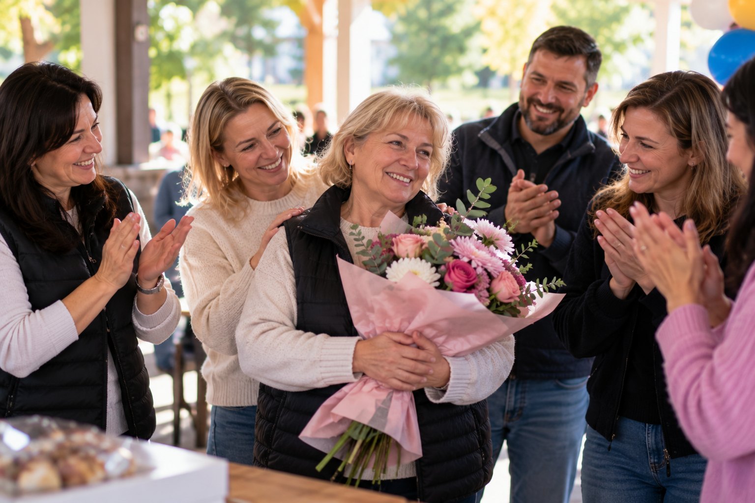 A volunteer is celebrated with flowers and applause by SSA staff.