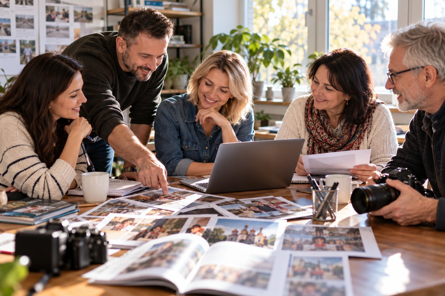 Volunteer writers and photographers plan the next magazine issue around a table.