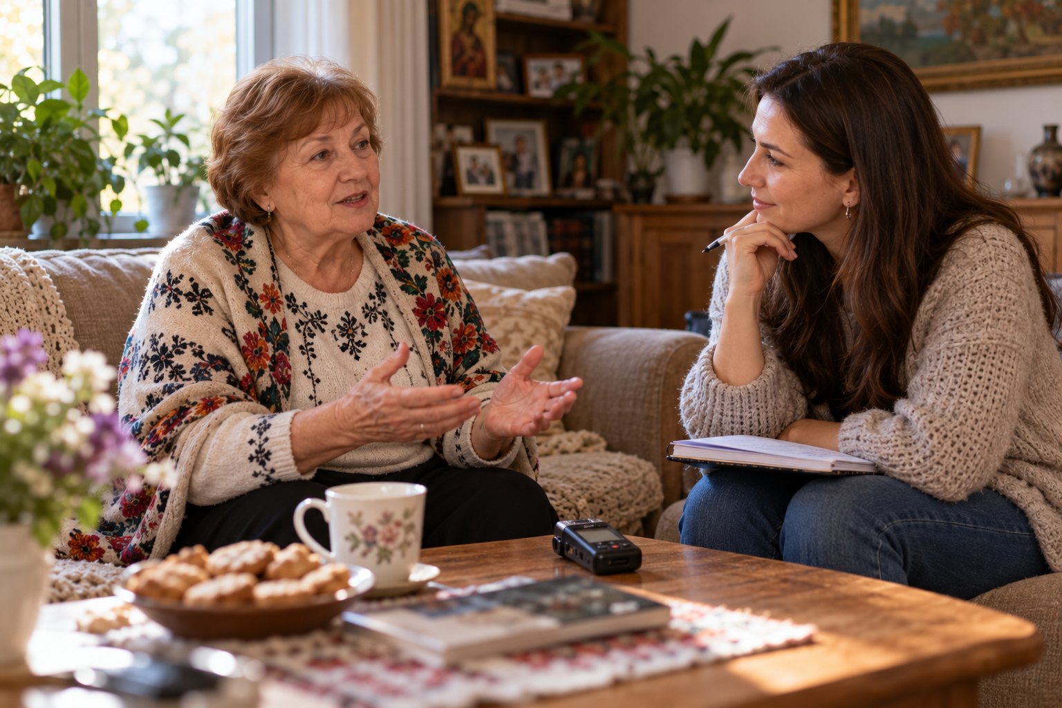 A community member shares her story in an interview while a writer takes notes.