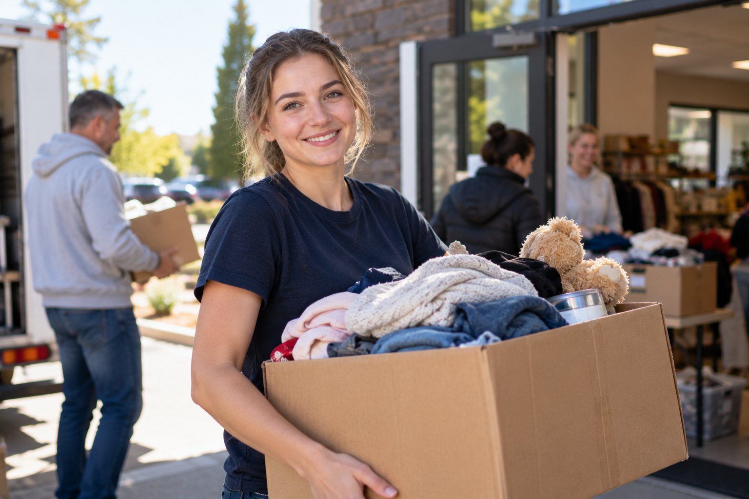 A smiling volunteer in a plain navy t-shirt carries a box of donations.