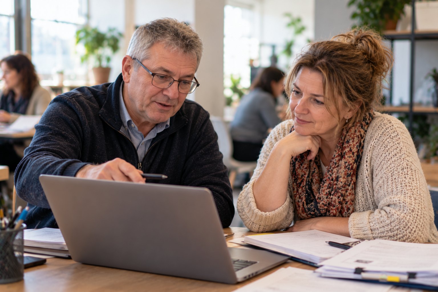A volunteer accountant helps a small-business owner review her books at a laptop.