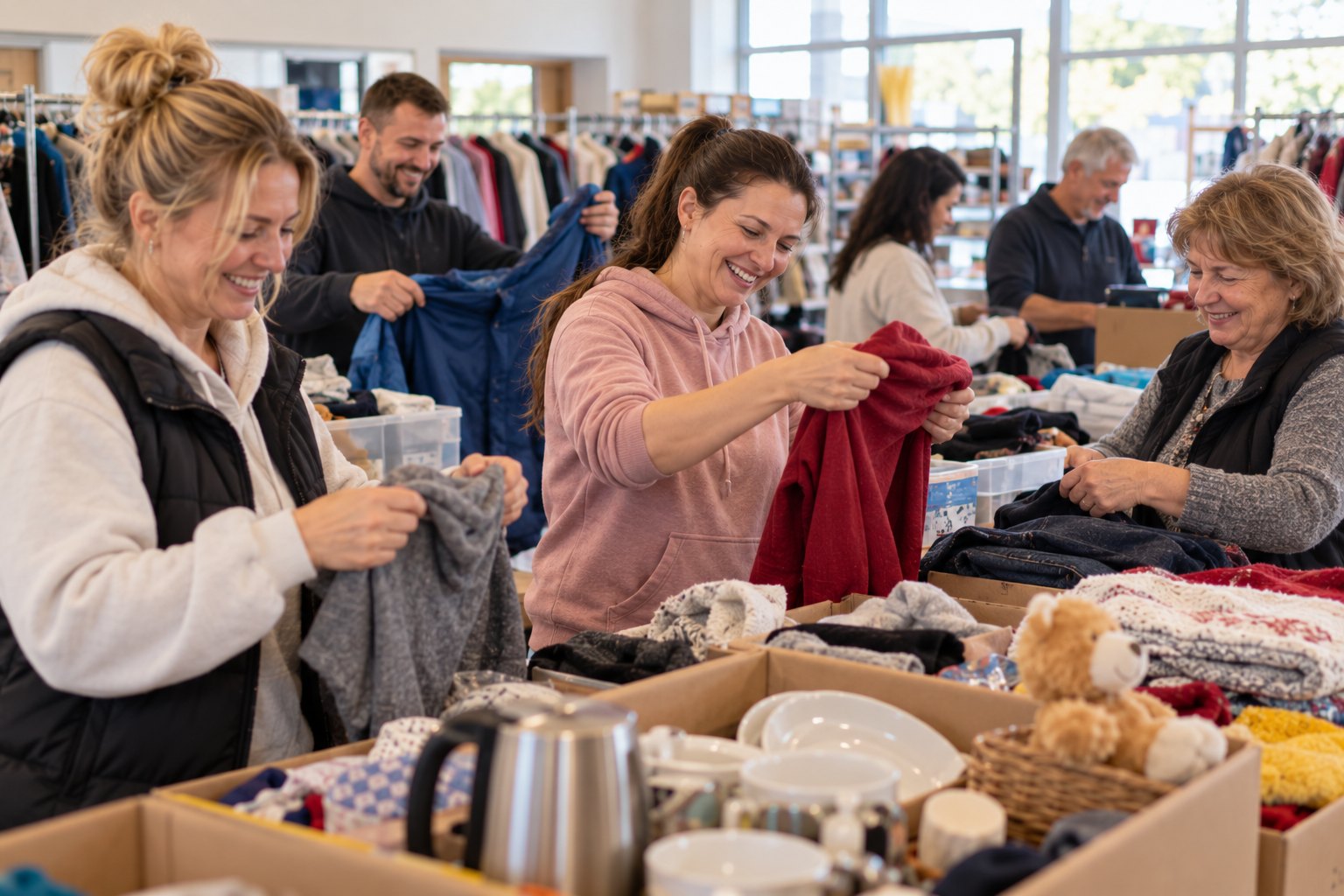 Volunteers sort donated clothing and household items on long tables.