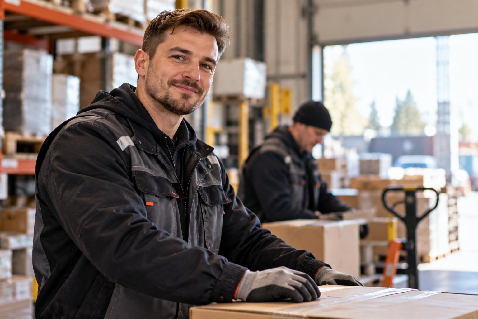 A smiling warehouse worker at his job, with a coworker in the background.
