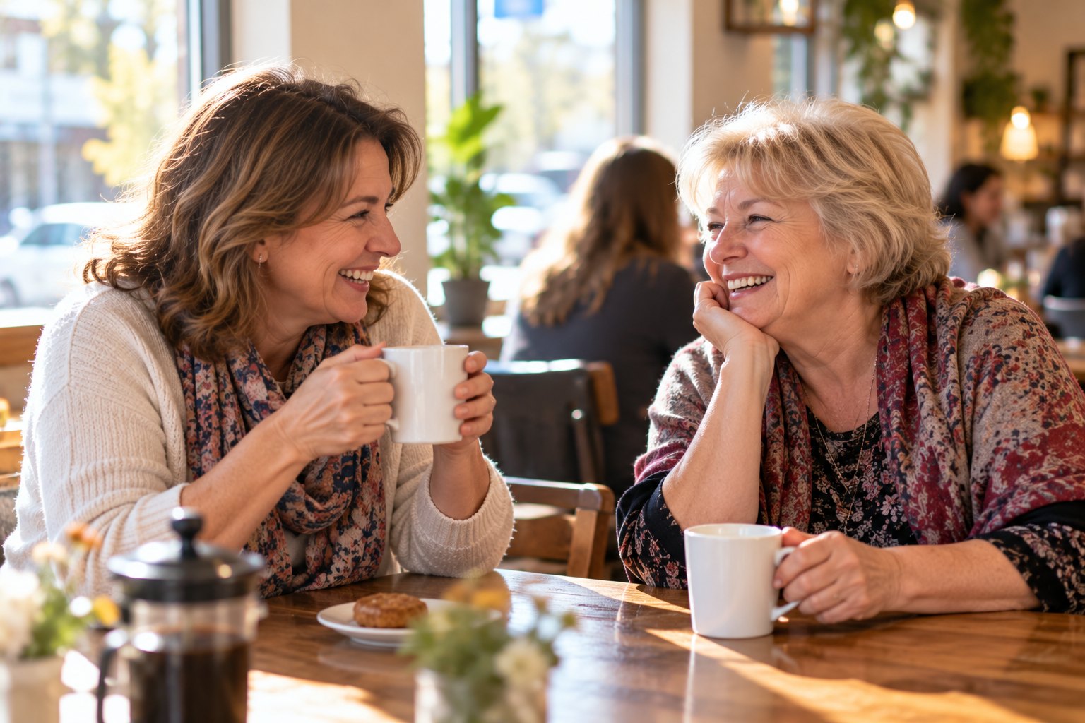 Two women laugh together over coffee after meeting at a community gathering.