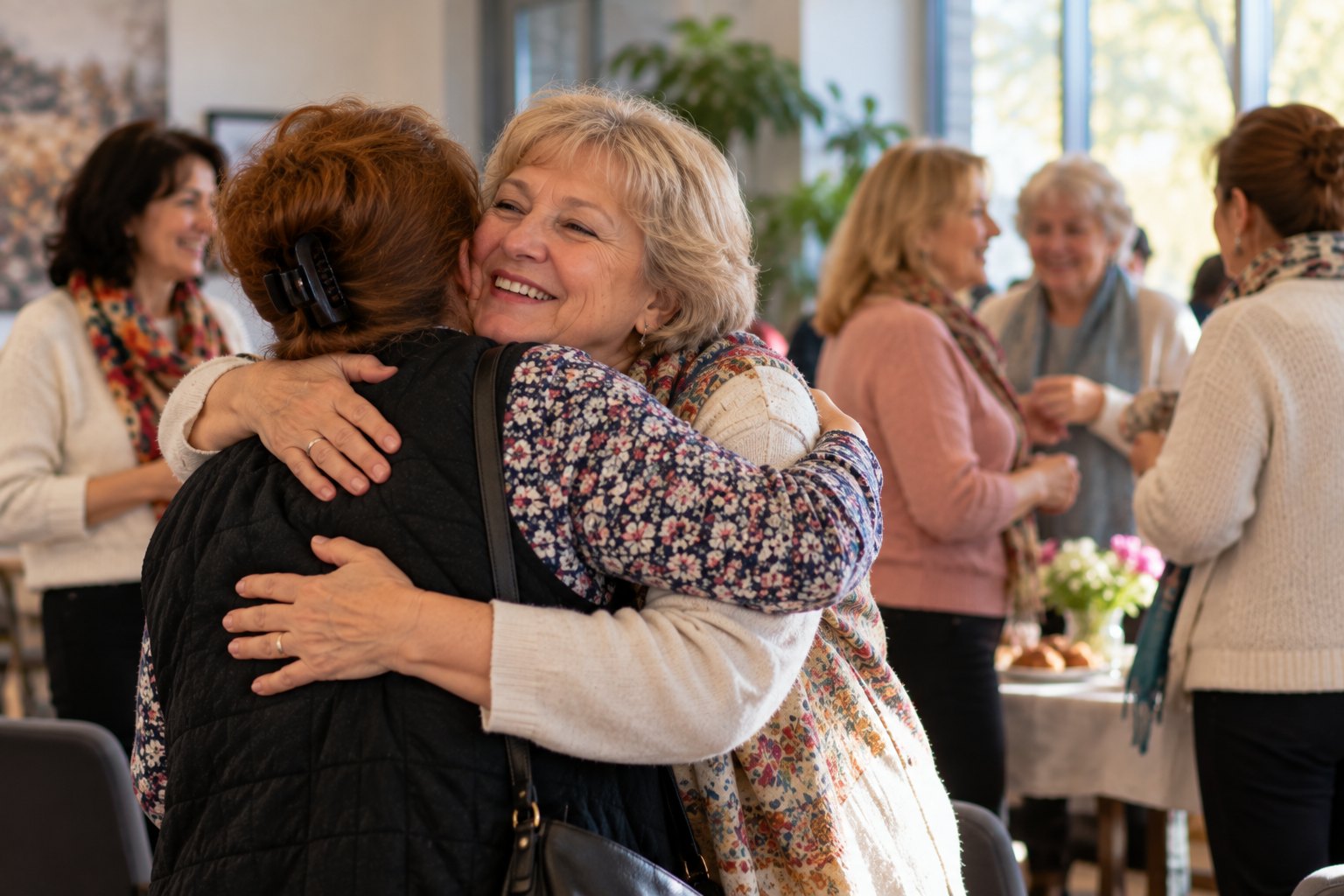Two women embrace warmly as they greet each other at a community gathering.