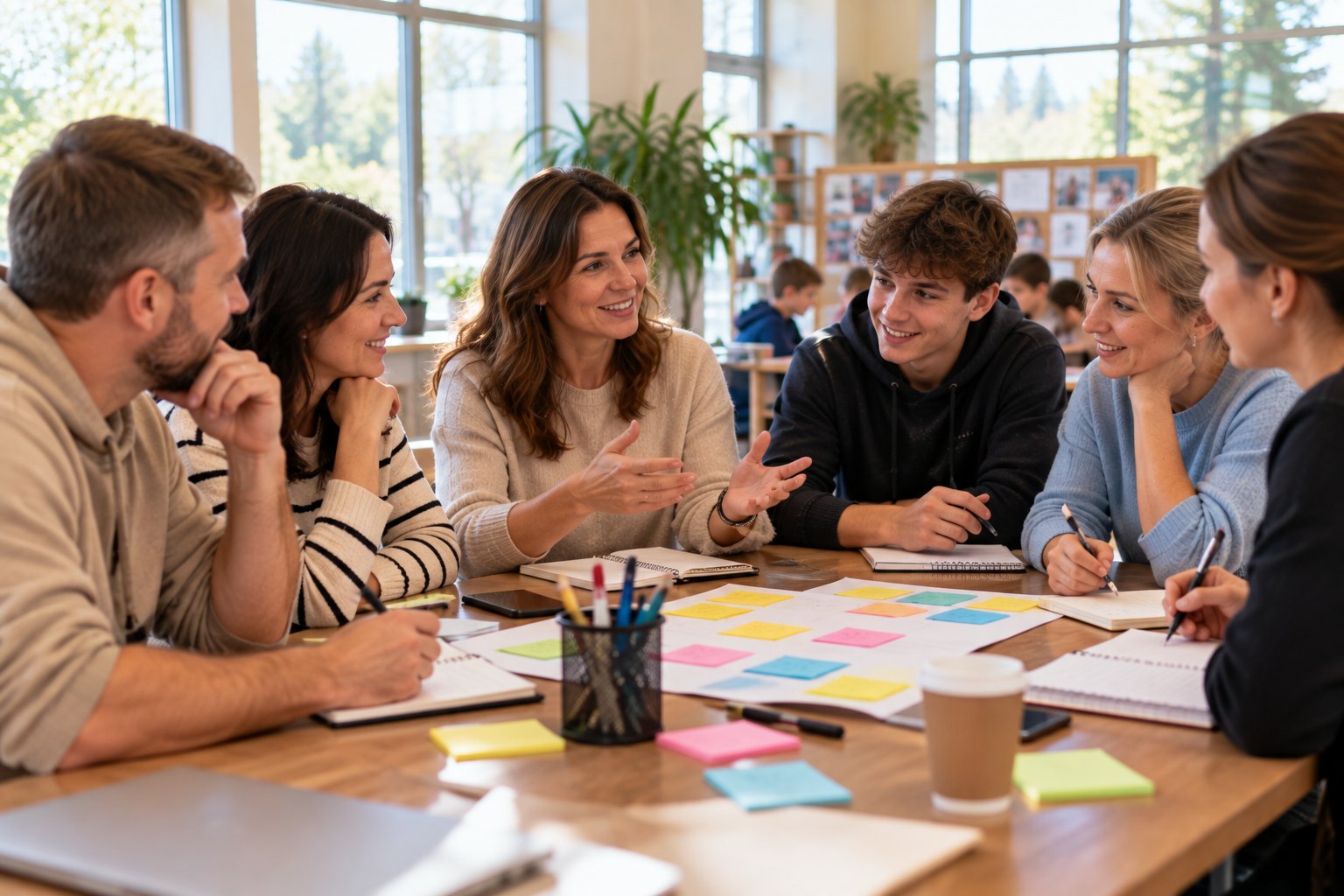 Parents and volunteers plan an upcoming youth program around a table.