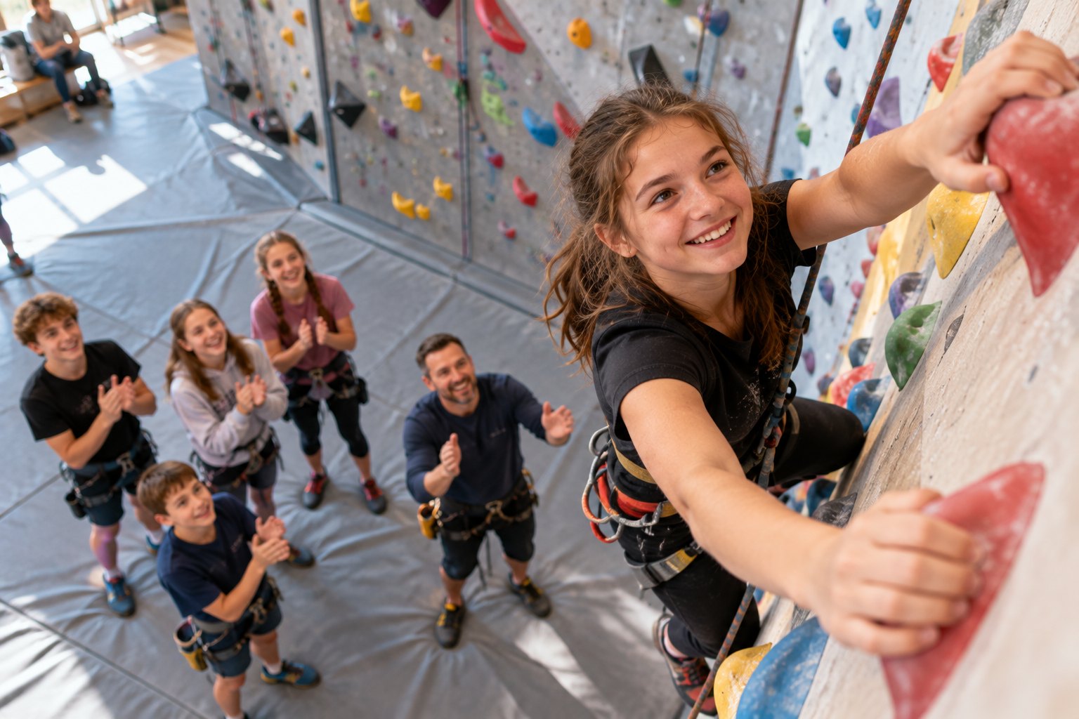 A smiling teenager reaches the top of a climbing wall while friends cheer below.