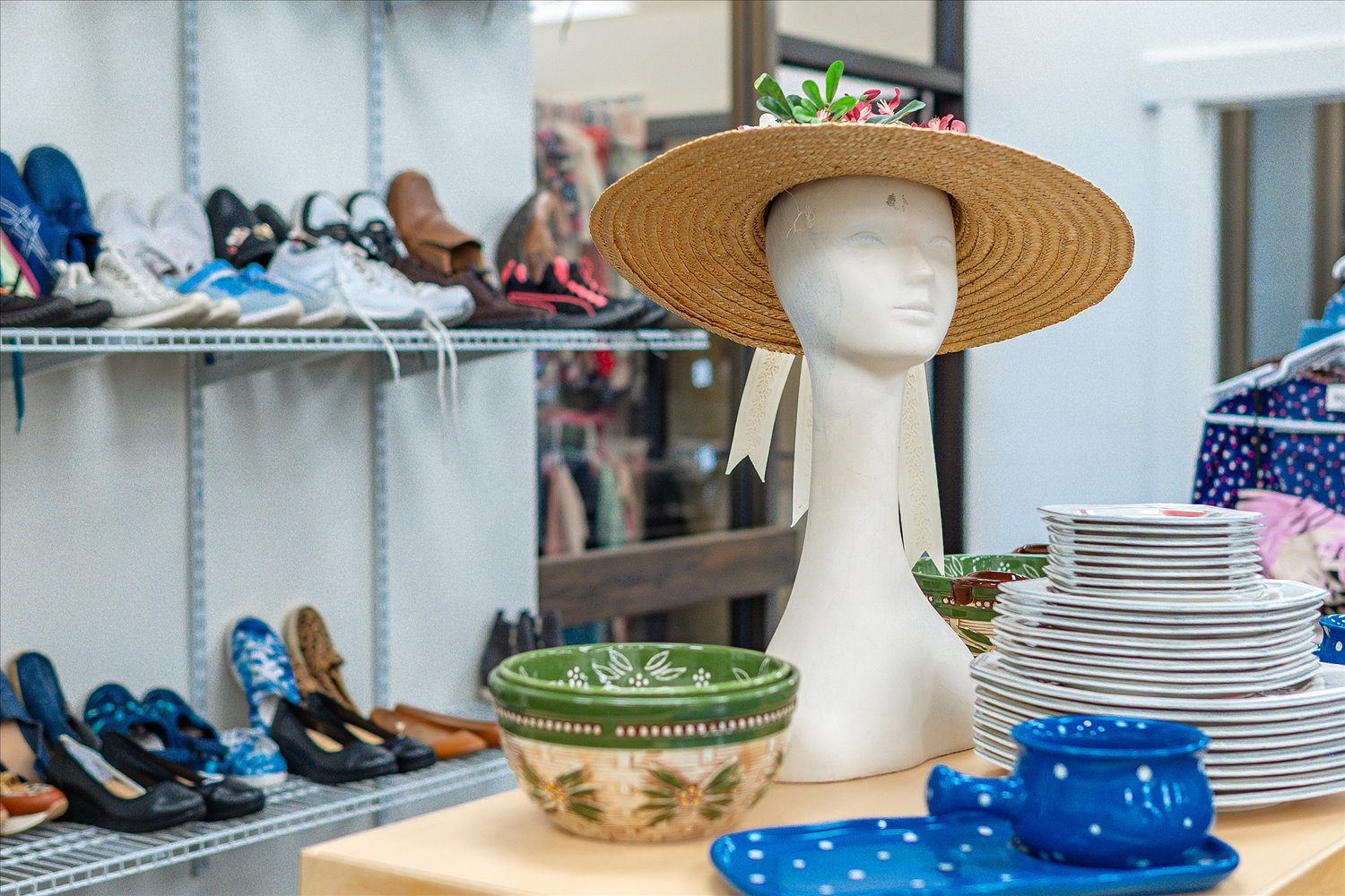 Donated shoes and household goods on display at the International Resource Center.